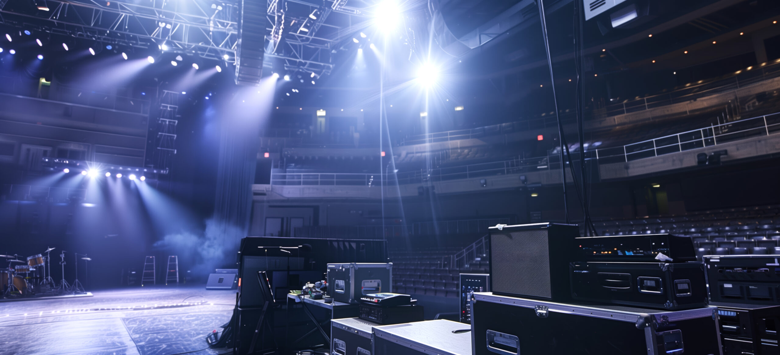 Des employés en backstage d'un spectacle gérant les projécteurs